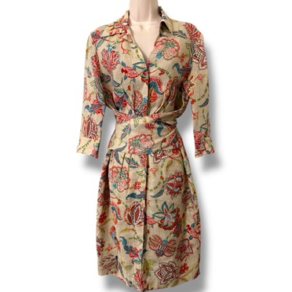 Lafayette 148 Linen Sash Belt Floral Wrap Dress Size 8